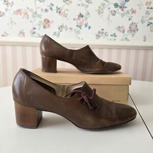 Vtg 70s Lace Up Shoes 9B Women Brown Block Heel Leather Retro Preppy Academia